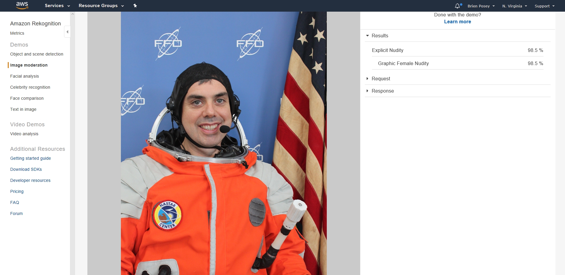 screenshot of Amazon Rekognition